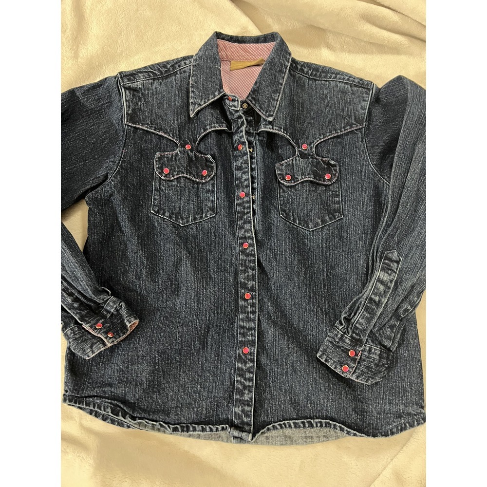 Girls XL Vintage Wrangler Denim Shirt‎ Pink Pearl Snaps Heavy